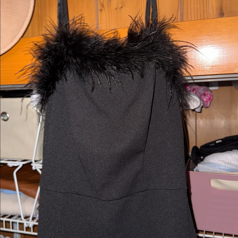 Fitted Black Dress with Feather Trim and Slit on Leg